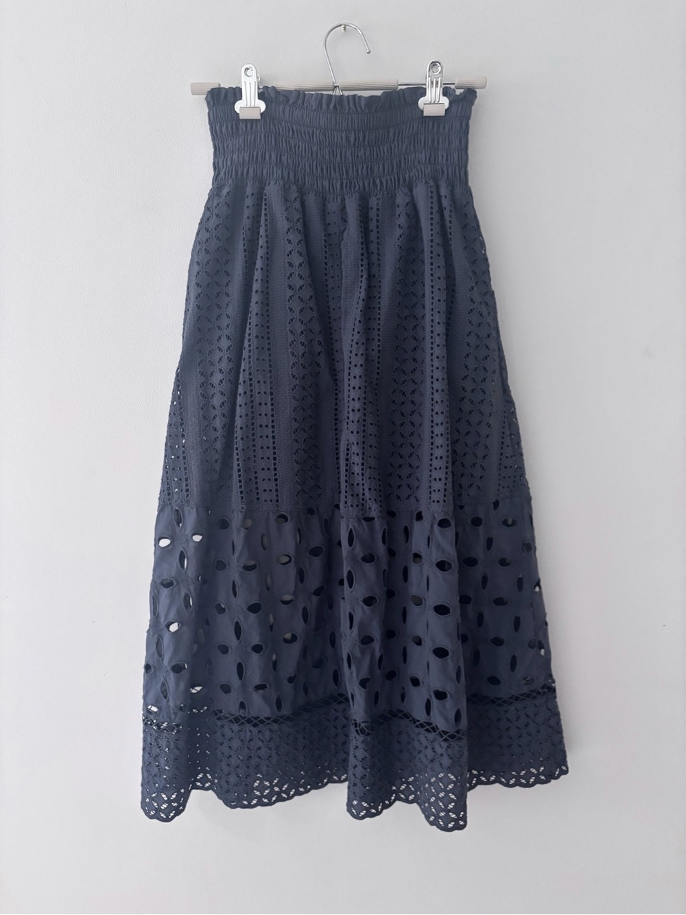 Wrap London maxi long skirt cutouts grey blue medium size 8 stretch a-line